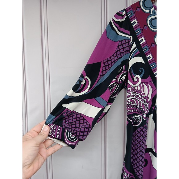 Bisou Bisou Dress Women's SZ 6 Stretch V-Neck High Waist Puff Sleeves Paisley EC - Picture 7 of 16